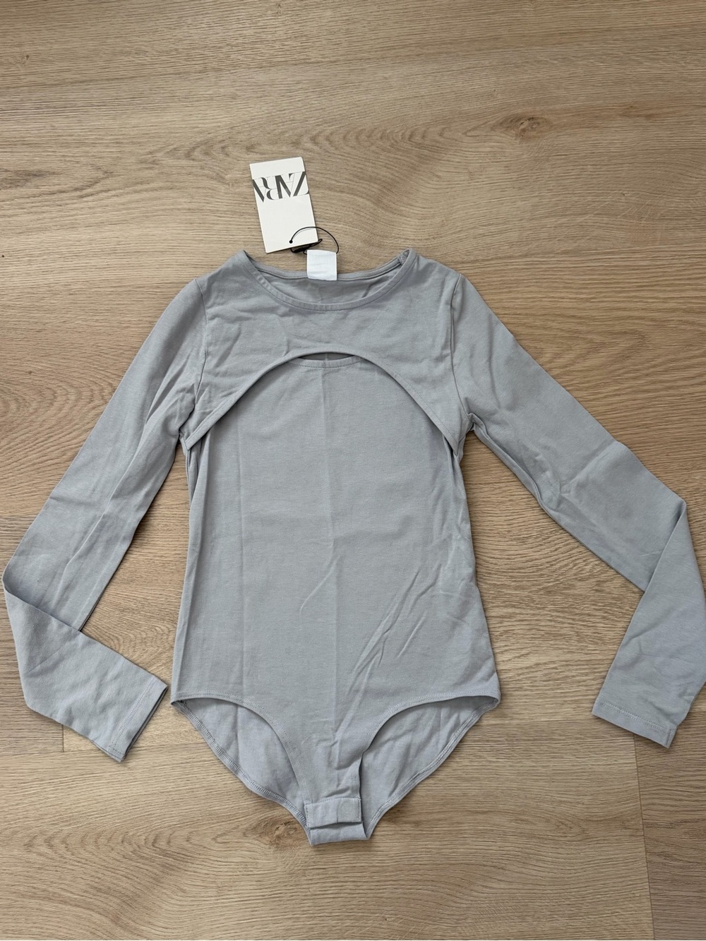 Zara Girls Gray Long-Sleeve Cut Out Bodysuit